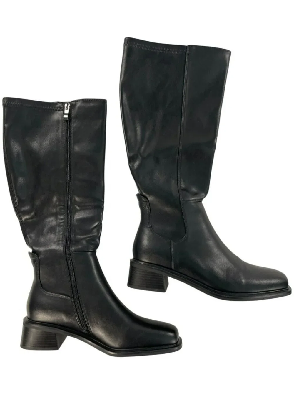 QIY Knee High Black Leather Riding Boots Block Side Zipper Women's Size 9 NEW